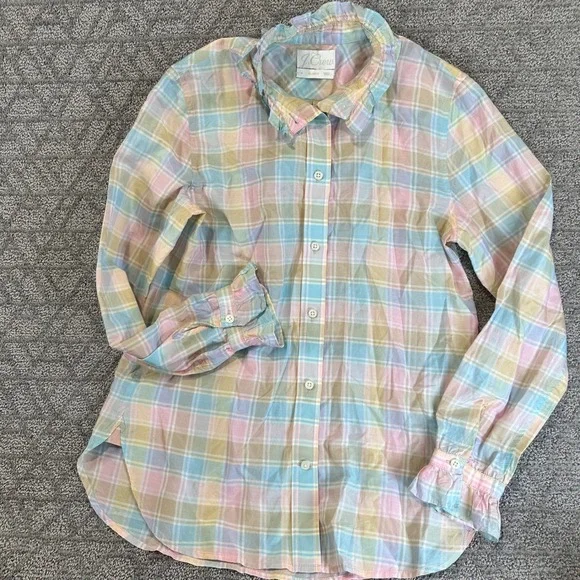 J‎ Crew Classic Pastel Plaid Ruffle Collar Silk Cotton Blend Button Up Shirt 4 - Picture 2 of 7
